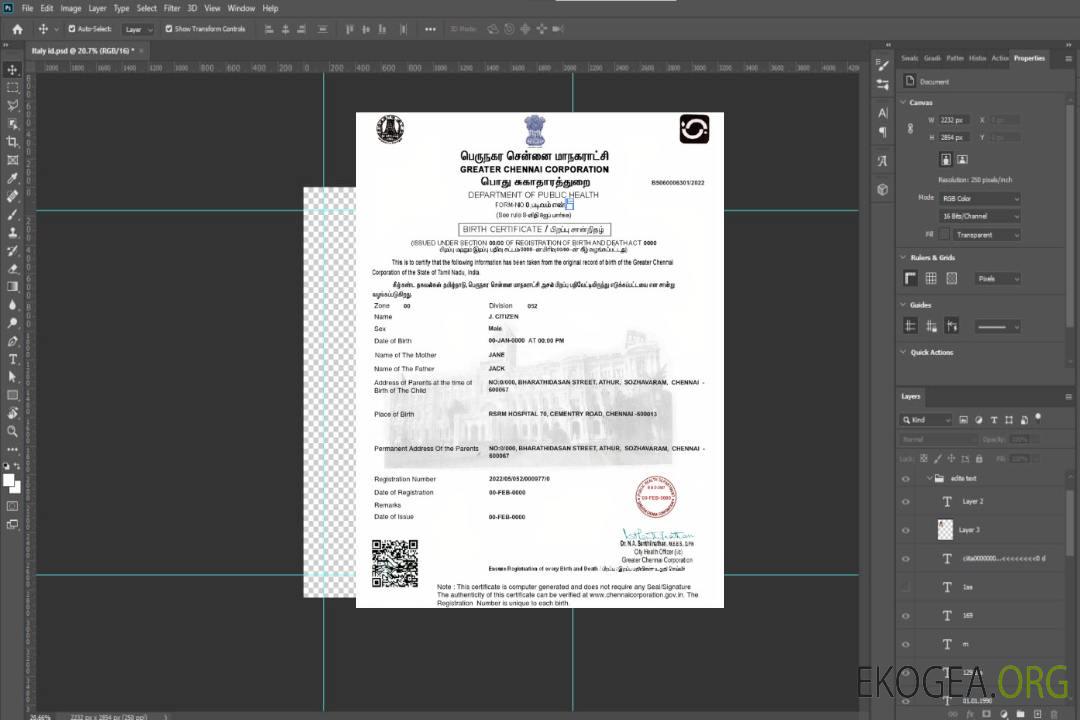 Modèle d'acte de naissance en Inde au format PSD, entièrement modifiable template Modèle d'acte de naissance en Inde au format PSD, entièrement modifiable template